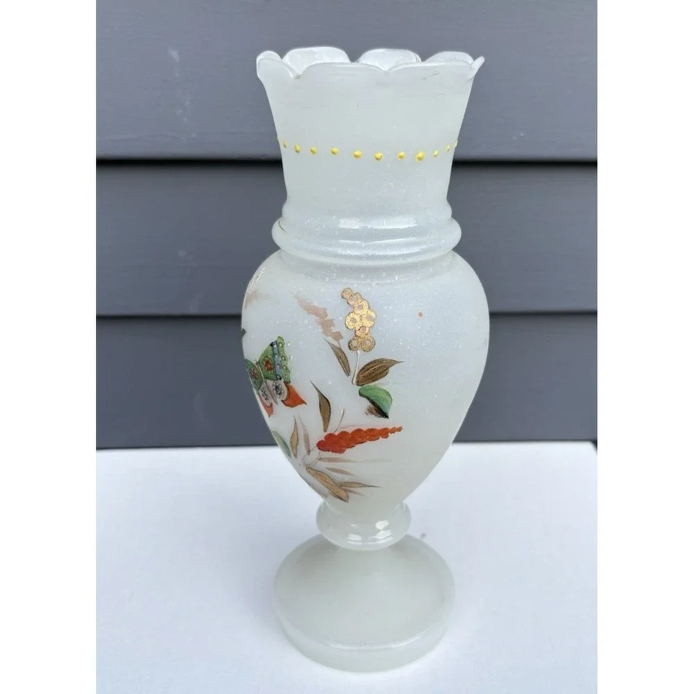 Antique Bristol opaline blown glass matched vases hand painted butterflies EVC